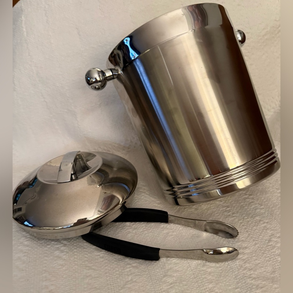 COPCO Vtg Mid Century Modern Stainless Ice Bucket Bar Shiny Chrome Lid Tongs - Picture 5 of 10